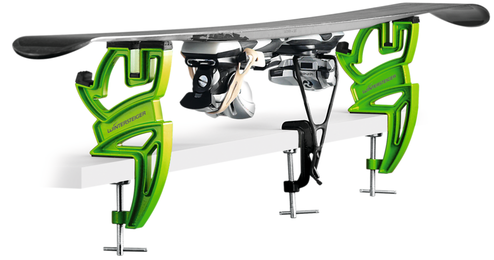 The Wintersteiger Ski Vise Sport Plus holding an alpine ski up for ski tuning and repair.