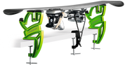 The Wintersteiger Ski Vise Sport Plus holding an alpine ski up for ski tuning and repair.