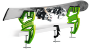 The Wintersteiger Ski Vise Sport Plus holding a ski at the 60 degree angle for ski and snowboard tuning / repair.