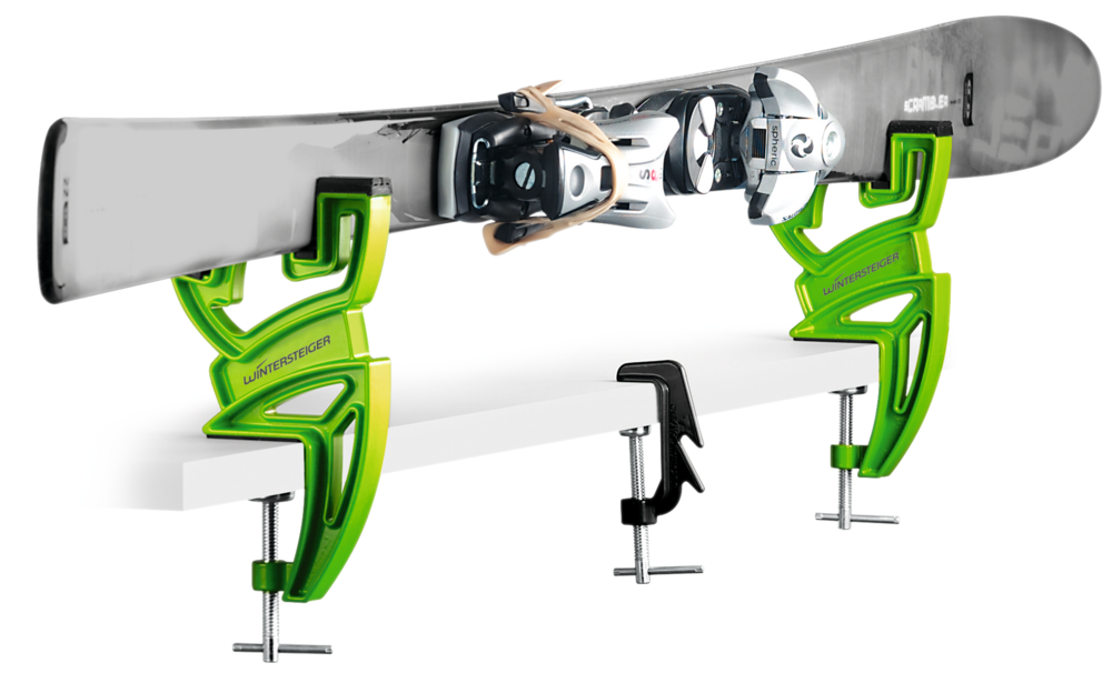 The Wintersteiger Ski Vise Sport Plus holding a ski up for ski tuning and repair.