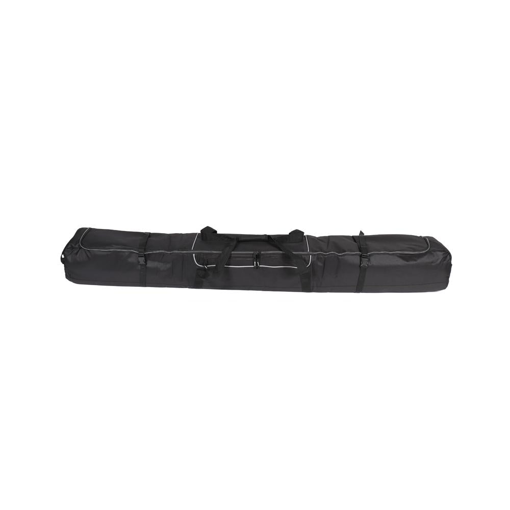 internal and external stabilization straps wide top opening for easy load fits two pairs of skis durable, water resistant, 600 Denier Polyester material padding to protect your skis external front pocket for small items dual internal organizer pockets shoulder straps Fits skis up to 195 CM in Length 5mm padding