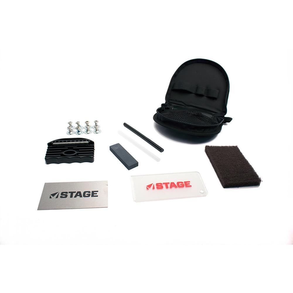 The STAGE Snowboard Tuning Kit has everything you need to tune and maintain the edges and bases of your snowboard. Fill and repair scratches and core shots in your bases with the P-Tex Candles and the Steel Scraper. Sharpen and bevel your edges with the variable angle edge tuner. Remove burrs from your edges and detune tips and tails with the Stone. The plastic scraper and the polishing pad help you remove excess wax and polish your board's base.