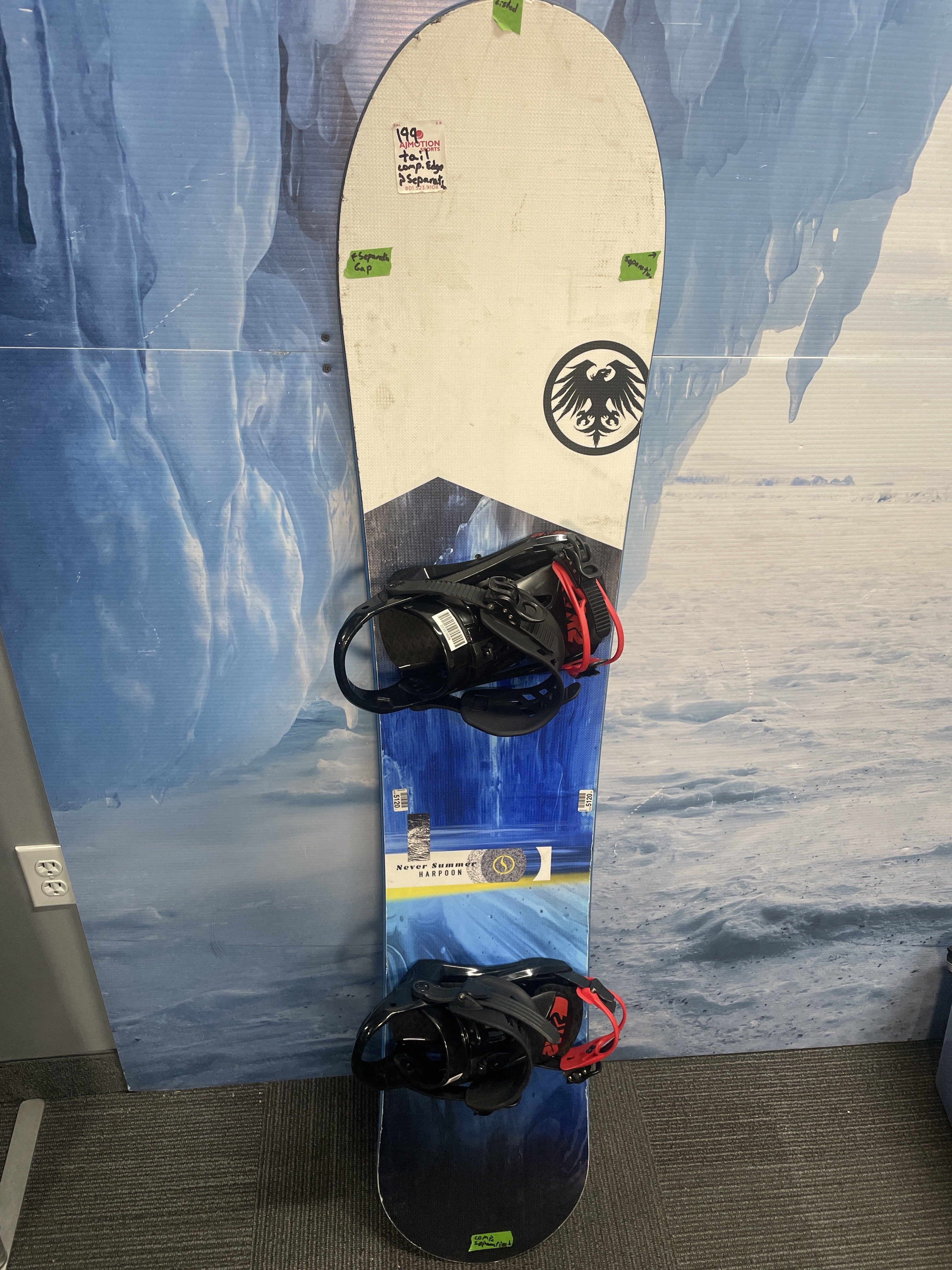 Heavily Used Never Summer Harpoon 156 CM Snowboard W/ K2 Large Demo Binding