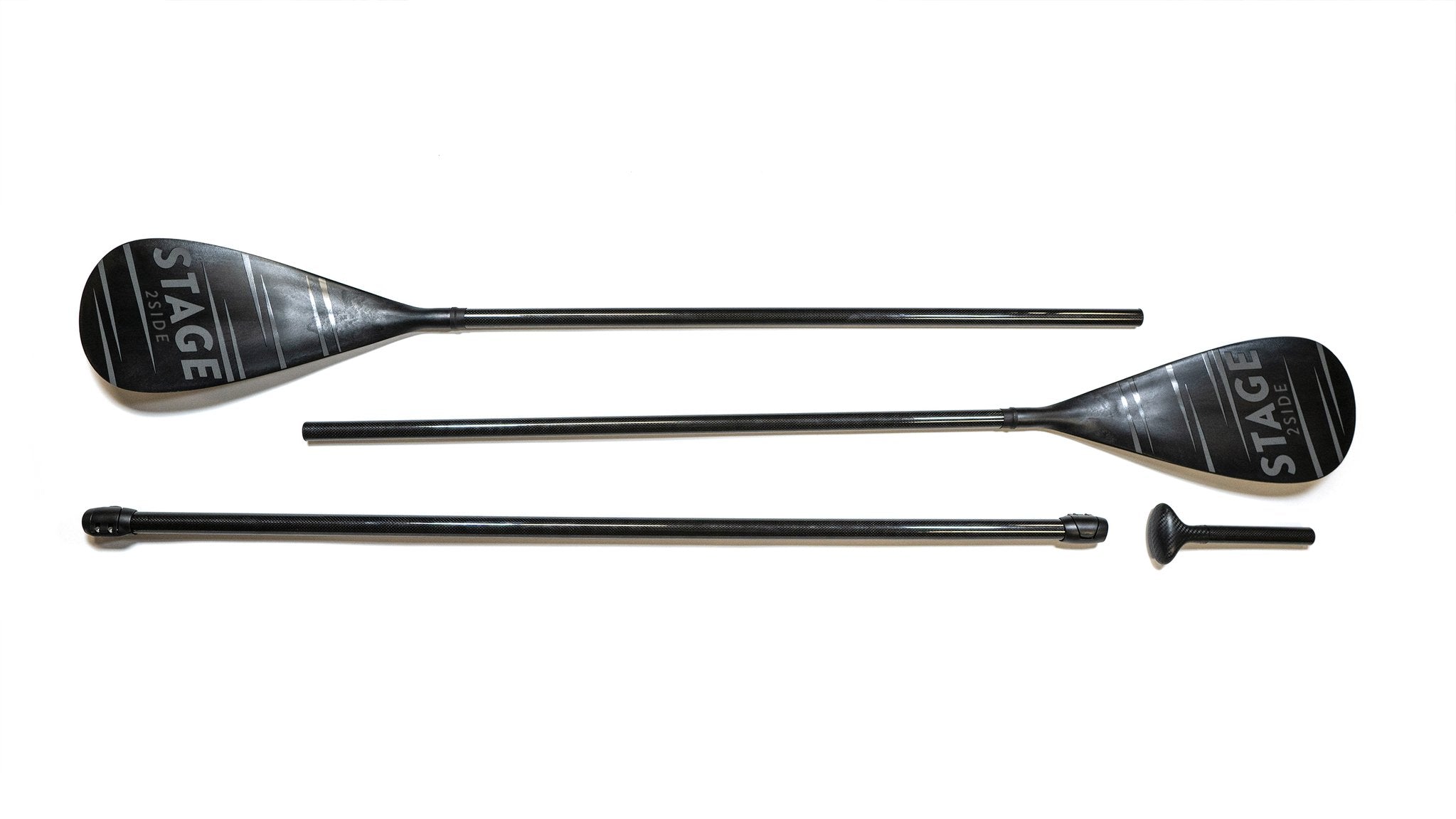 100% Carbon Fiber Composite Shaft reduces weight and adds stiffness Durable PP+Fiber Blades. (Blend of polypropylene and fiberglass). Double Paddle Adjusts between 112" to 156" to fit paddlers 5'2 to 6'3 Double Paddle Weighs 3 lbs., 1 oz. Singe Paddle Adjusts from 75 inches to over 90 inches in length! Single Paddle Weighs 2 lbs.