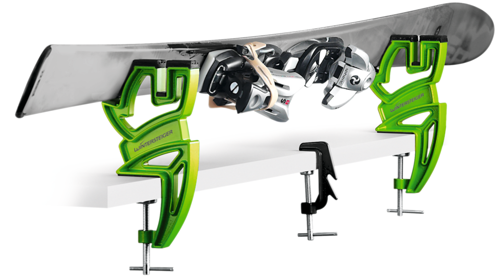 The Wintersteiger Ski Vise Sport Plus holding a ski at the 60 degree angle for ski and snowboard tuning / repair.
