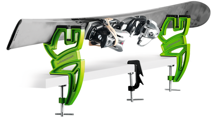 The Wintersteiger Ski Vise Sport Plus holding a ski at the 60 degree angle for ski and snowboard tuning / repair.