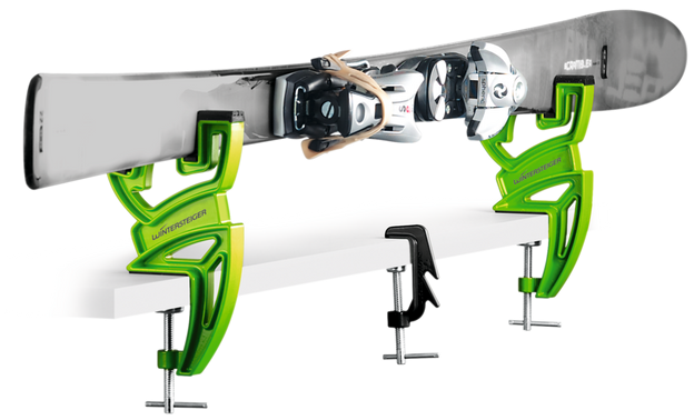 The Wintersteiger Ski Vise Sport Plus holding a ski up for ski tuning and repair.