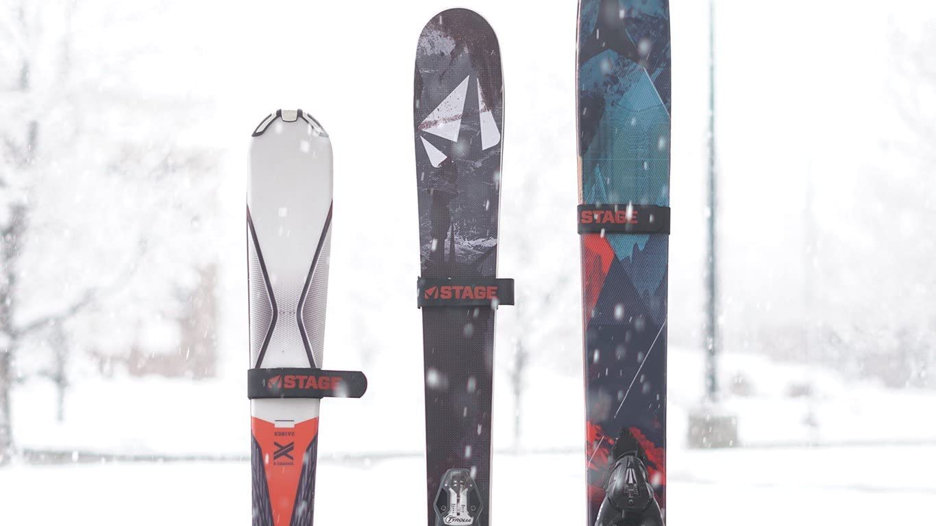 Set of two black straps for holding skis together while transporting. Cushioned to protect skis from damage. Makes for easy traveling across the resort parking lot or hiking in the backcountry. Hook and loop fastening system.