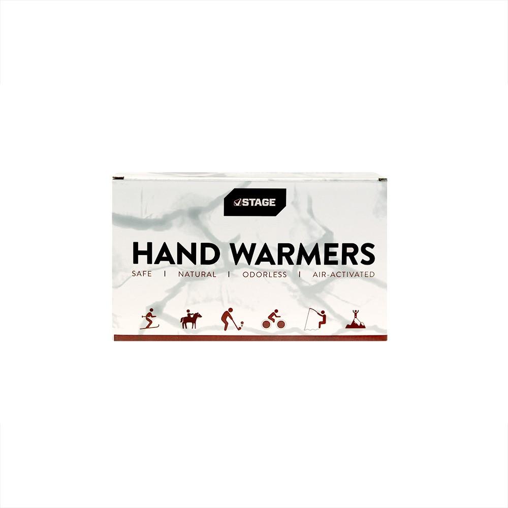 STAGE hand warmers are a non-toxic, environmentally friendly, odorless heat source using ingredients that are non-combustible.  Two hand warmers. Up to 8 hours of heat.  Average temperature 130 degree F.  Contains 40 pair.  Great for cold hands out on the slopes!