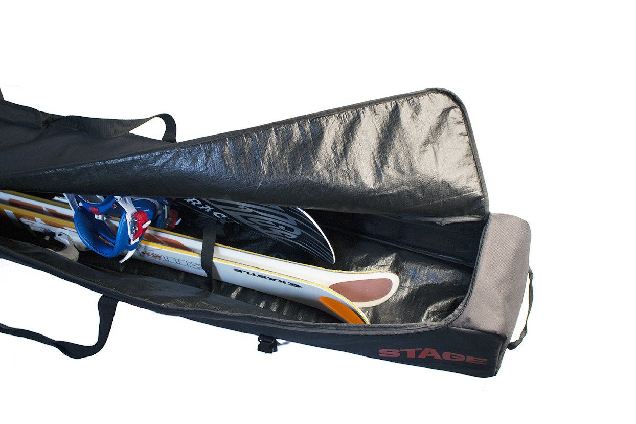 internal and external stabilization straps wide top opening for easy load fits two pairs of skis durable, water resistant, 600 Denier Polyester material padding to protect your skis external front pocket for small items dual internal organizer pockets shoulder straps Fits skis up to 195 CM in Length 5mm padding