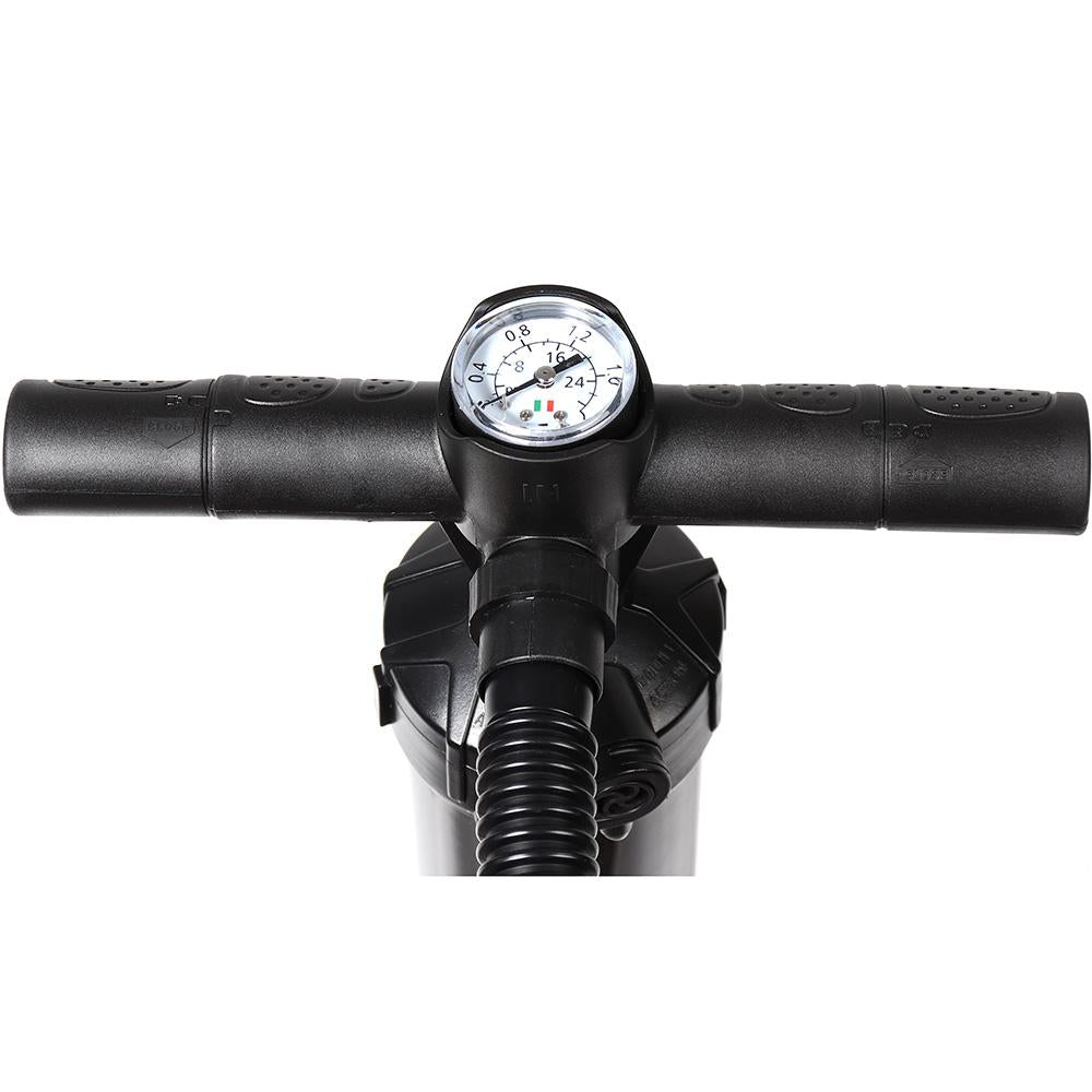 Double Action & Single Action Lever Fold-Up Feet Removable Screw-In Handles High Efficiency Hose and Gasket Pressure Gauge that reads 4psi - 29psi Inflate & Deflate Modes﻿