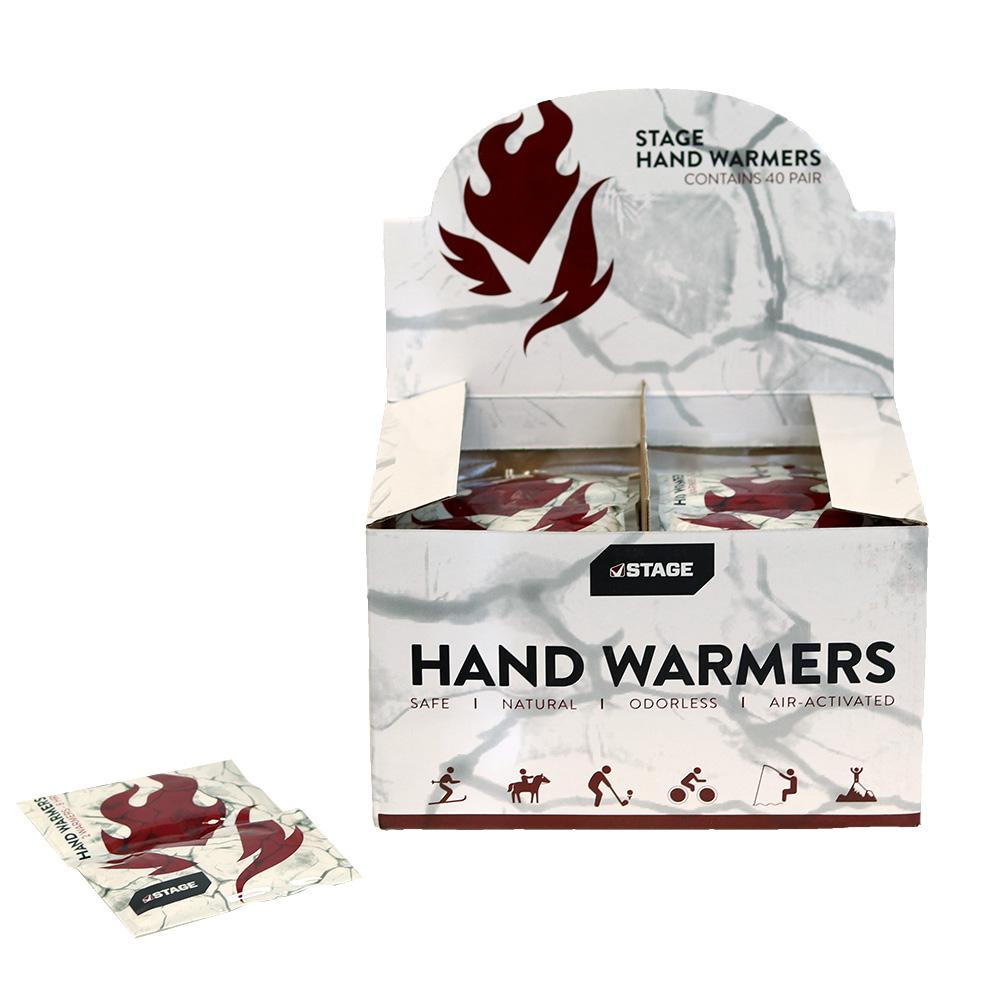 STAGE hand warmers are a non-toxic, environmentally friendly, odorless heat source using ingredients that are non-combustible.  Two hand warmers. Up to 8 hours of heat.  Average temperature 130 degree F.  Contains 40 pair.  Great for cold hands out on the slopes!