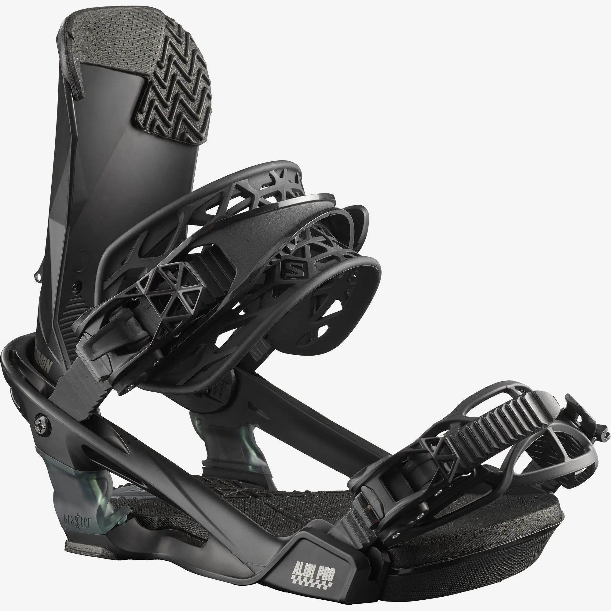 Alibi PRO binding features Blaster the intuitive All-Terrain Freestyle Joint for dynamic suspension and dampening. An asymmetrical highback and upgraded with the lightweight Shadow Lite Strap focusing on comfort, performance, and control.