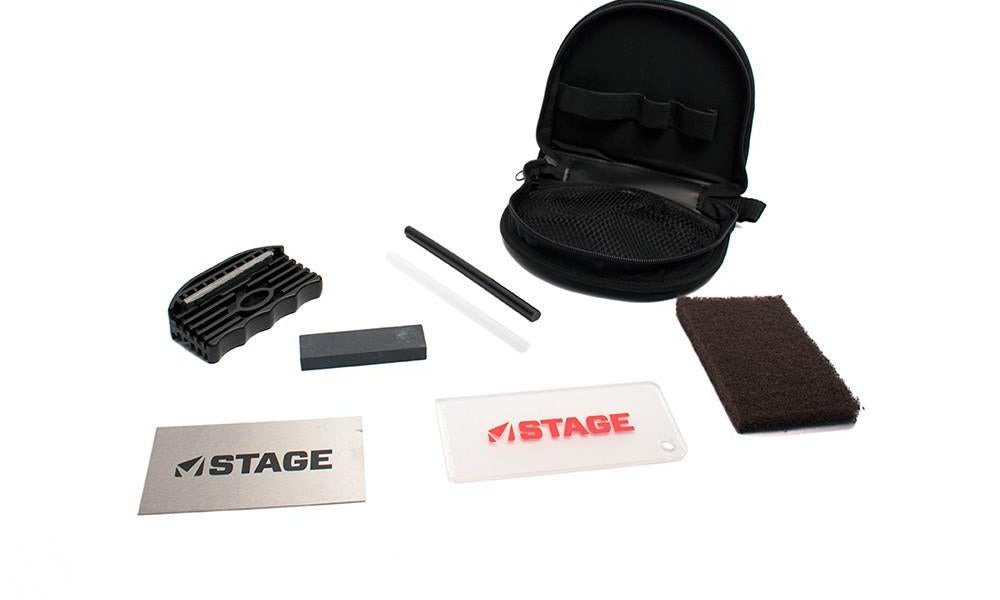 The Stage Ski Tuning Kit has everything you need to tune and maintain the edges and bases of your skis. Fill and repair scratches and core shots in your bases with the ptex candles and the steel scraper. Sharpen and bevel your edges with the variable angle edge tuner. Remove burrs from your edges and detune tips and tails with the stone. Keep your bases sliding fast and looking shiny with the bar of all temperature wax, the plastic scraper and the polishing pad. Store everything in the handy pouch.
