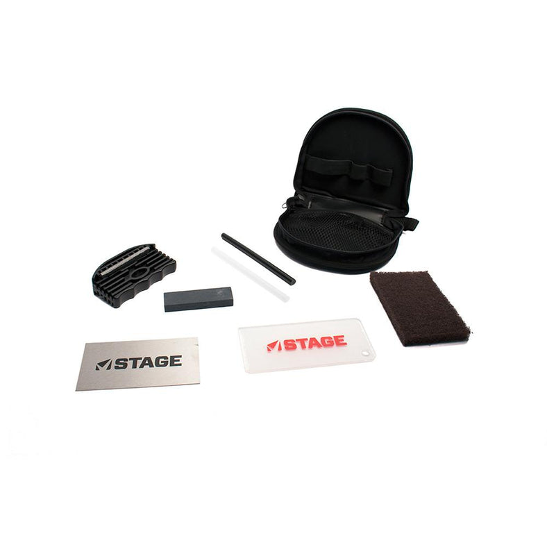 The Stage Ski Tuning Kit has everything you need to tune and maintain the edges and bases of your skis. Fill and repair scratches and core shots in your bases with the ptex candles and the steel scraper. Sharpen and bevel your edges with the variable angle edge tuner. Remove burrs from your edges and detune tips and tails with the stone. Keep your bases sliding fast and looking shiny with the bar of all temperature wax, the plastic scraper and the polishing pad. Store everything in the handy pouch.