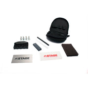 The STAGE Snowboard Tuning Kit has everything you need to tune and maintain the edges and bases of your snowboard. Fill and repair scratches and core shots in your bases with the P-Tex Candles and the Steel Scraper. Sharpen and bevel your edges with the variable angle edge tuner. Remove burrs from your edges and detune tips and tails with the Stone. The plastic scraper and the polishing pad help you remove excess wax and polish your board's base. 