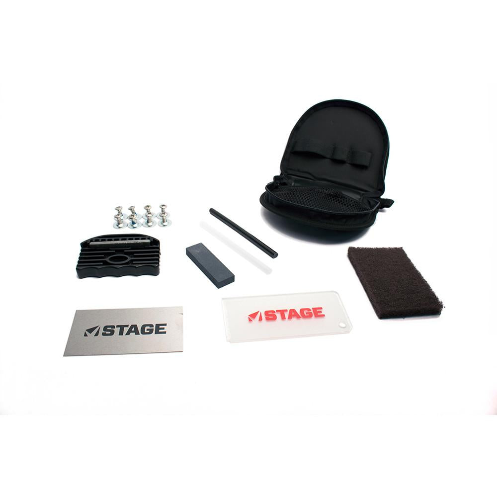 The STAGE Snowboard Tuning Kit has everything you need to tune and maintain the edges and bases of your snowboard. Fill and repair scratches and core shots in your bases with the P-Tex Candles and the Steel Scraper. Sharpen and bevel your edges with the variable angle edge tuner. Remove burrs from your edges and detune tips and tails with the Stone. The plastic scraper and the polishing pad help you remove excess wax and polish your board's base. 